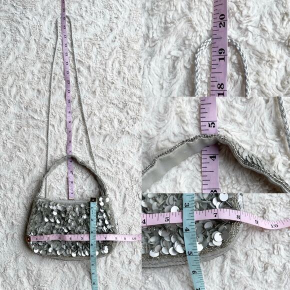 Cache silver beaded sequin mini evening bag convertible crossbody Y2K vintage - Picture 5 of 17